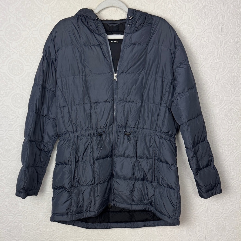 LL Bean Down Puffer Coat Jacket Waist Cinched XL‎ Grey Blue Winter Warm Hooded